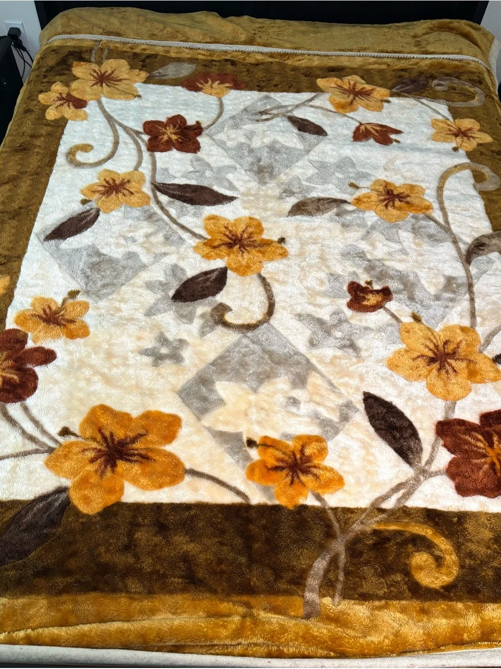 Vintage Floral Hawaiian Korean Mink Acrylic Plush Blanket Reversible 68x86” Full